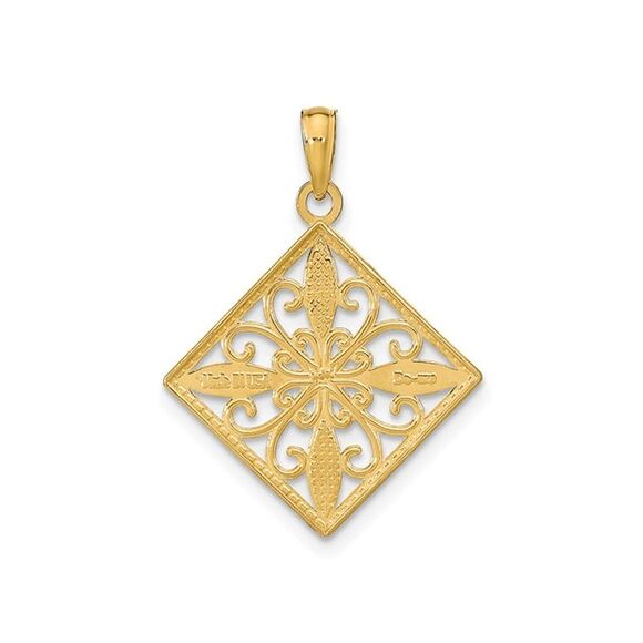 14K Yellow Gold Flower and Cross Square Charm Pendant (NO CHAIN)